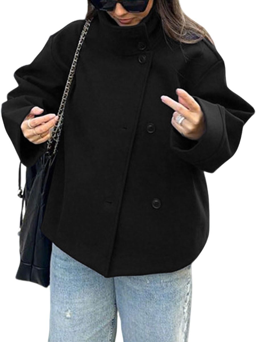 51Kwqf8d4SL._AC_SL1202_.jpg Women Crop Pea Coat Wool Blend Winter Loose Casual Short Jacket Outwear - Image 1