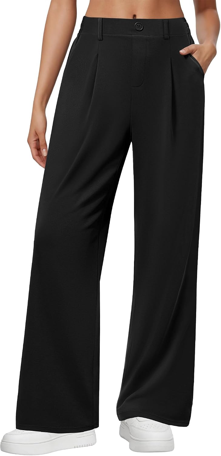 611uFyQI7L._AC_SL1500_.jpg Wide Leg Dress Pants for Women, Pull on Elastic Stretchy Work Pants High Waisted Casual Slacks with Pockets - Image 1