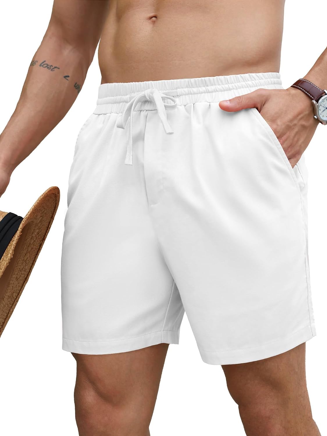 6149c6ZcYKL._AC_SL1500_.jpg Mens 5 Inch Linen Shorts - Casual Elastic Waist Drawstring Summer Beach Shorts with Pocket - Image 1
