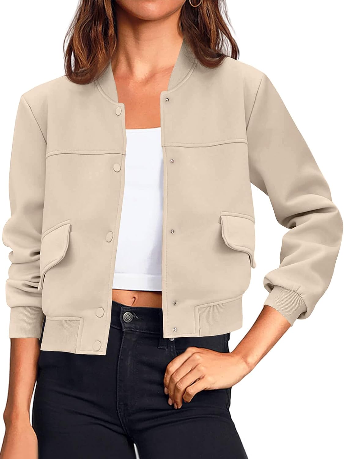 614bCXN9anL._AC_SL1500_.jpg Womens Cropped Bomber Jackets Casual Button Down Long Sleeve Stand Collar Varsity Shacket Coats - Image 1