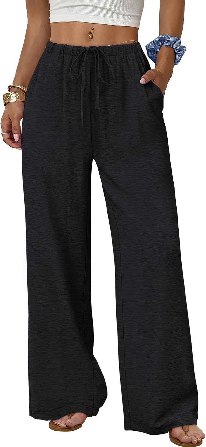 617DlqyEdFL._AC_SL1500_.jpg Wide Leg Pants for Women Flowy Palazzo Drawstring Elastic Waist Trousers with Pockets Summer Beach Vacation Clothes - Image 1