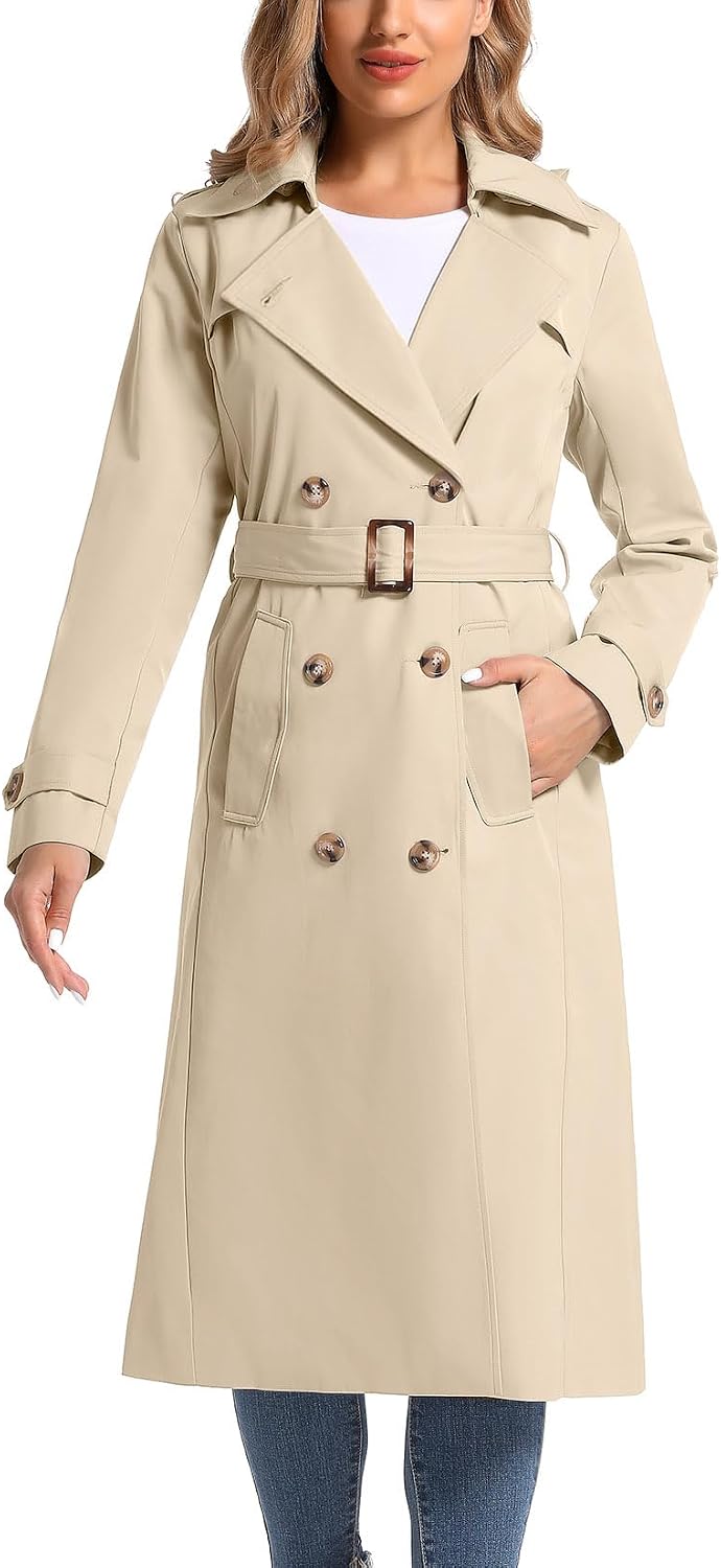 61RHAH6shL._AC_SL1500_.jpg Women's Waterproof Long Trench Coat Double Breasted Length Classic Lapel Belt Coat With Removable Hood - Image 1