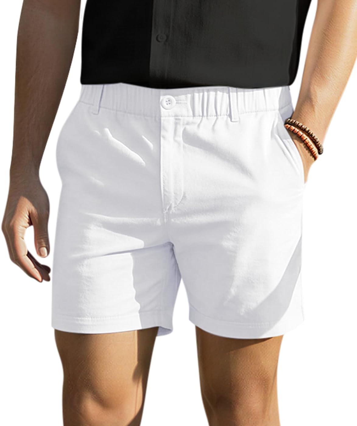 61ivCrDxH-L._AC_SL1400_.jpg Men's Cotton Casual Shorts Classic-fit 5" Chino Shorts Elastic Waist Daily Wear Dress Shorts - Image 1