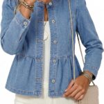 Cropped Jean Jacket Women Button Down Long Sleeve Collarless Cinched Waist Denim Jackets