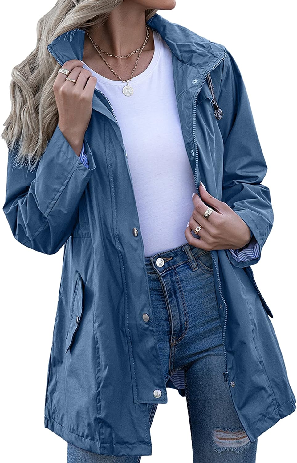 715u9xsWxjS._AC_SL1500_.jpg Rain Jacket Women Striped Lined Hooded Lightweight Raincoat Outdoor Waterproof Windbreaker - Image 1