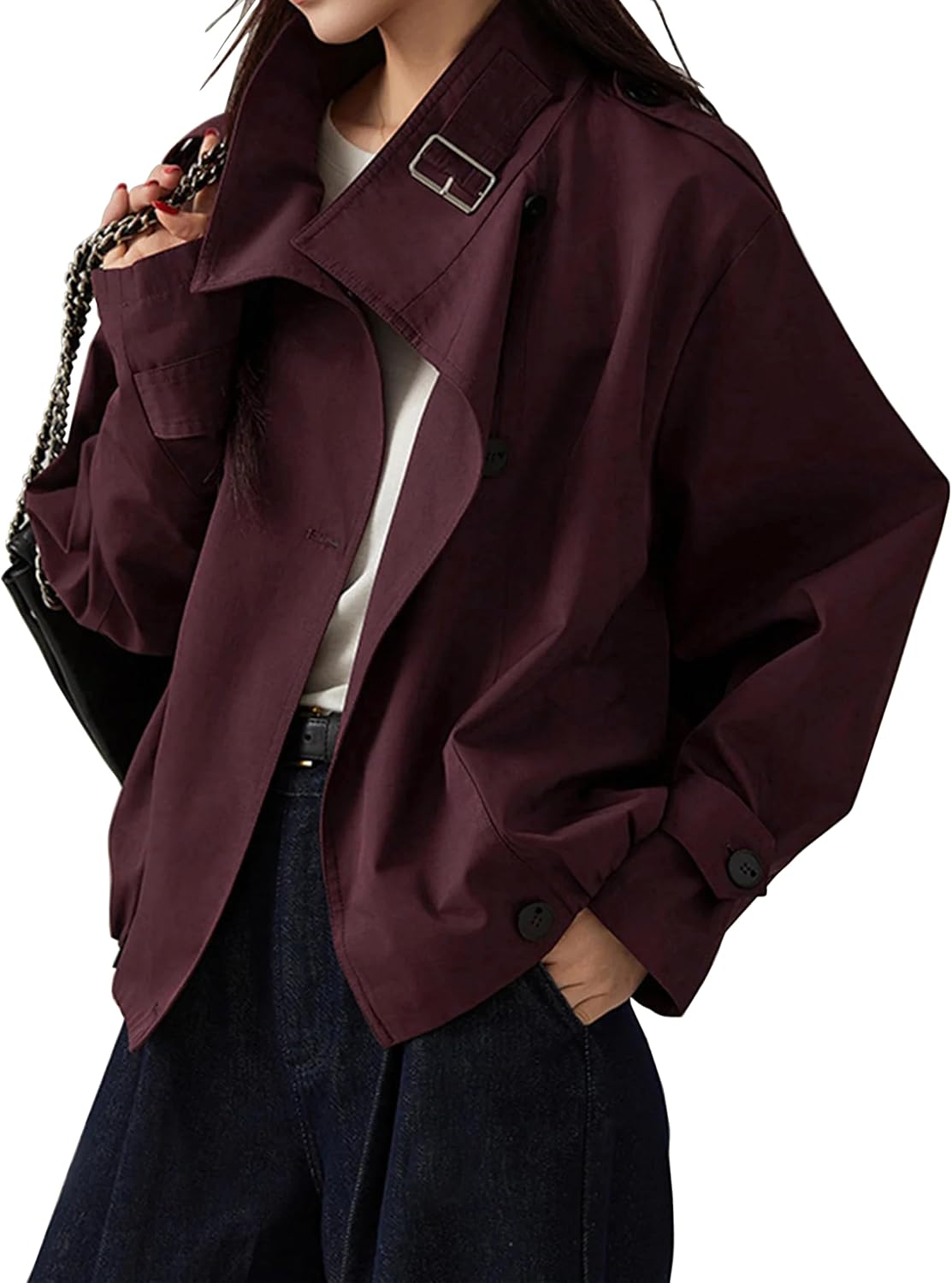715vv8Ar7L._AC_SL1500_.jpg Jackets for Women Trendy Vintage Trench Coat Turtleneck Crop Jackets with Pockets - Image 1