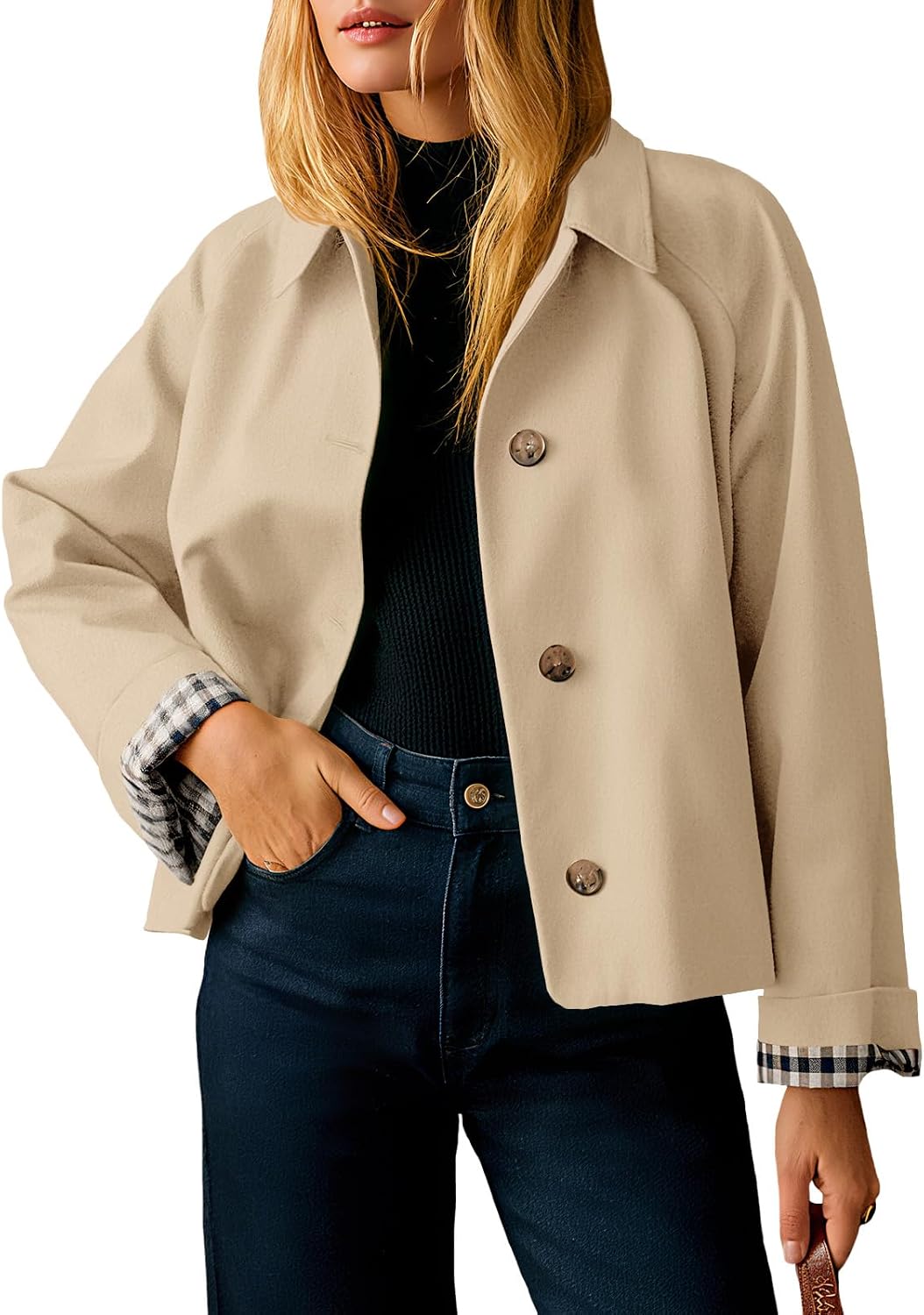 71KEnlchLoL._AC_SL1500_.jpg Womens Cropped Trench Coat Lightweight Single Breasted Jacket Fall Windbreaker Fashion Outerwear - Image 1