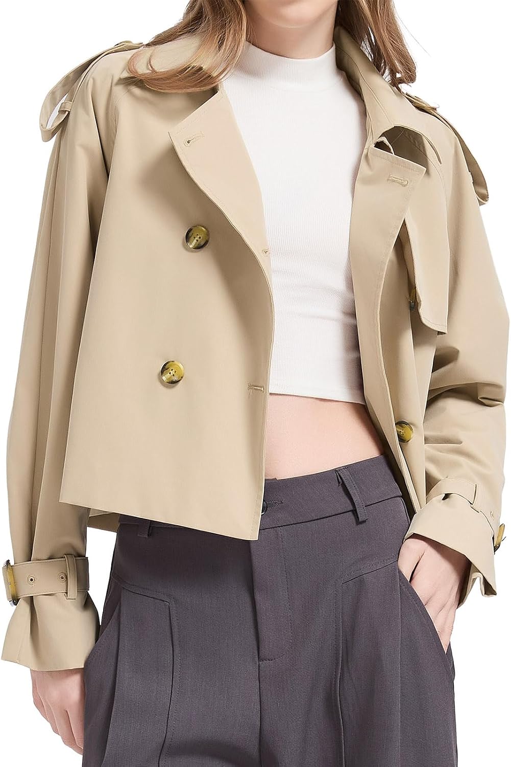 71LUvfqUu6L._AC_SL1500_.jpg Cropped Trench Jackets Women's Lightweight Spring Jacket Double Breasted Short Trench Coat Trendy Outfit - Image 1