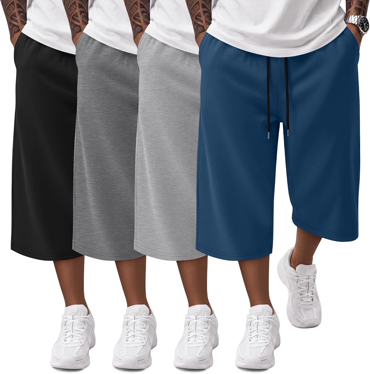 71QvoiYviQL._AC_SL1500_.jpg 4 Pack Mens Shorts Big and Tall Below Knee Casual 3/4 Pants Loose Fit Drawstring Jogger Shorts with Pockets - Image 1