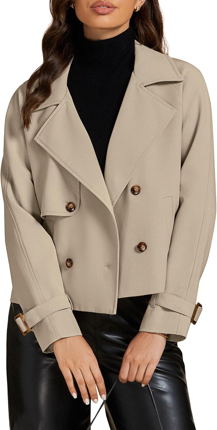 71SERd7ypL._AC_SL1500_.jpg Cropped Trench Coat for Women Long Sleeve Double Breasted Notched Lapel Casual Loose Fit Jackets with Pockets - Image 1