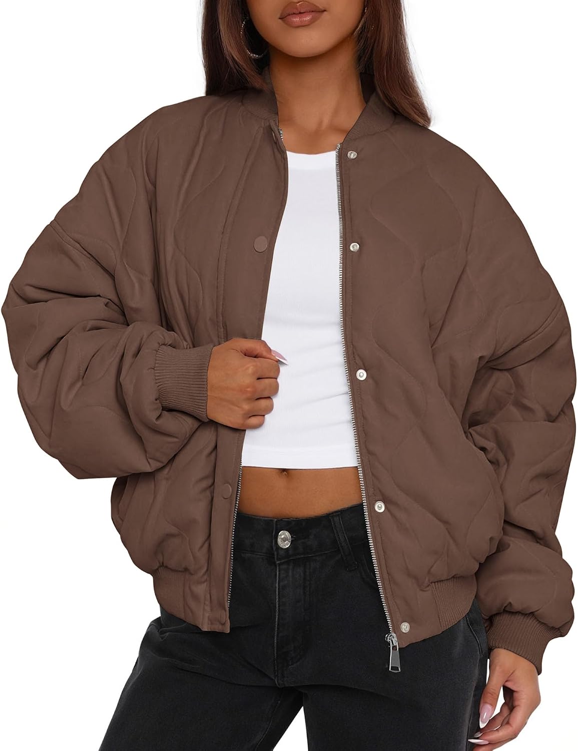 71g0QXh1QqL._AC_SL1500_.jpg Women's Quilted Bomber Jacket Fall Fashion 2026 Lightweight Cropped Zip up Outerwear Winter Puffer Coats Pockets - Image 1