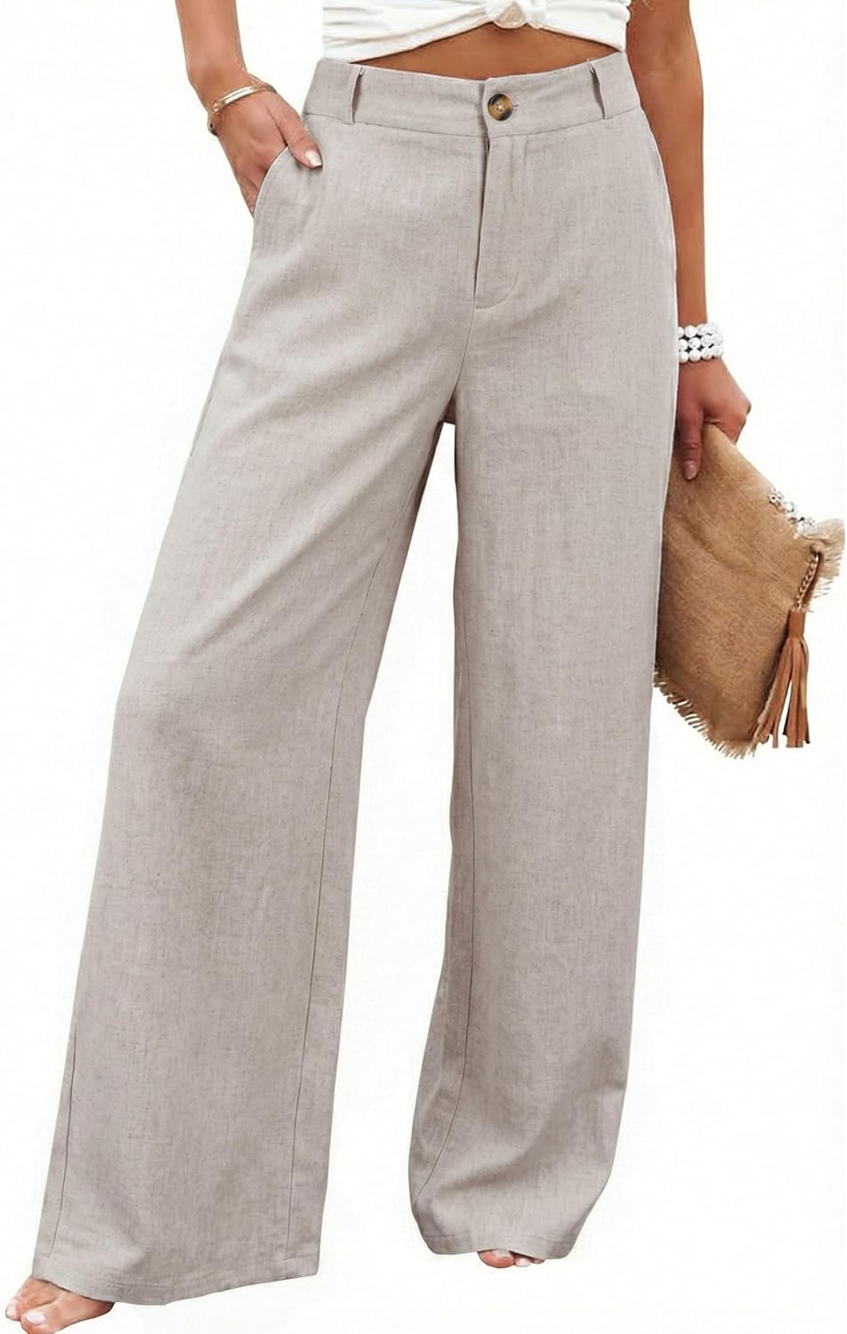 71wN5VC12OL._AC_SL1500_.jpg Womens Cotton Linen Pants Casual Button Up High Waisted Wide Leg Trousers - Image 1