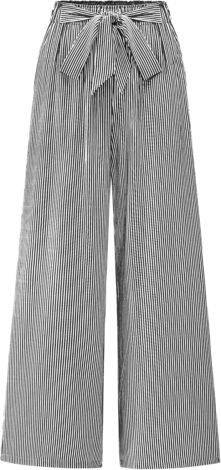 81GdFgXTLNL._AC_SL1500_.jpg Pants for Women 2026 Spring Clothes Striped High Waist Tie Knot Dressy Casual Wide Leg Palazzo Work Trousers Pants - Image 1